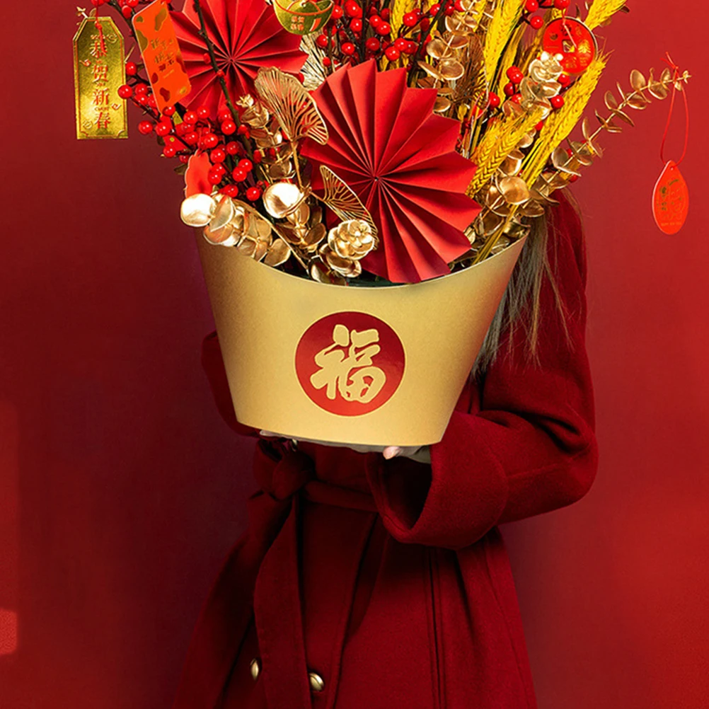 

1pc Ingot Shaped Box New Year Flower Barrel Festival Flower Container With Waterproof Liner Home Decor Ornaments