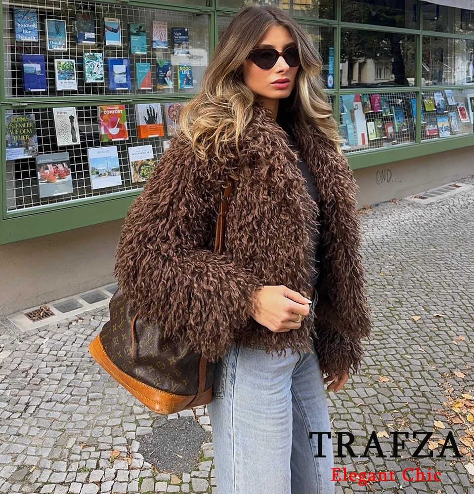 TRAFZA Women Fall Winter Teddy Shaggy Coat Vintage Lapel Luxury Jacket Coat New 2024 Fall Winter Fashion Retro Loose Fleece Coat