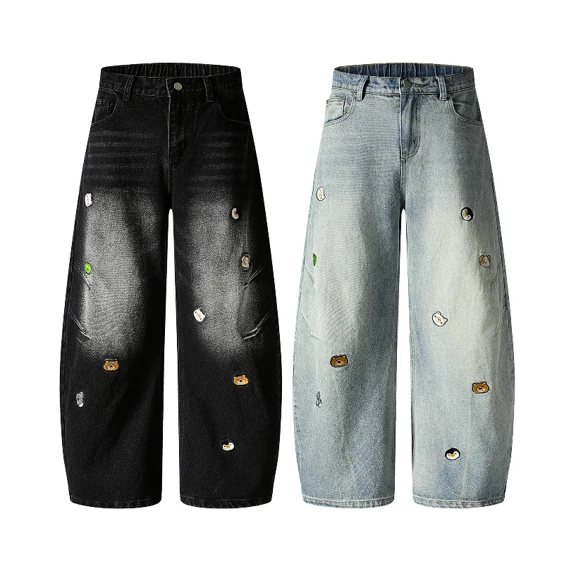 

Sweet Girls Embroidery Jeans Loose Washed Denim Scimitar Trousers Women 2025 Autumn New Fun Blue Fresh Sweet Pants Fashion