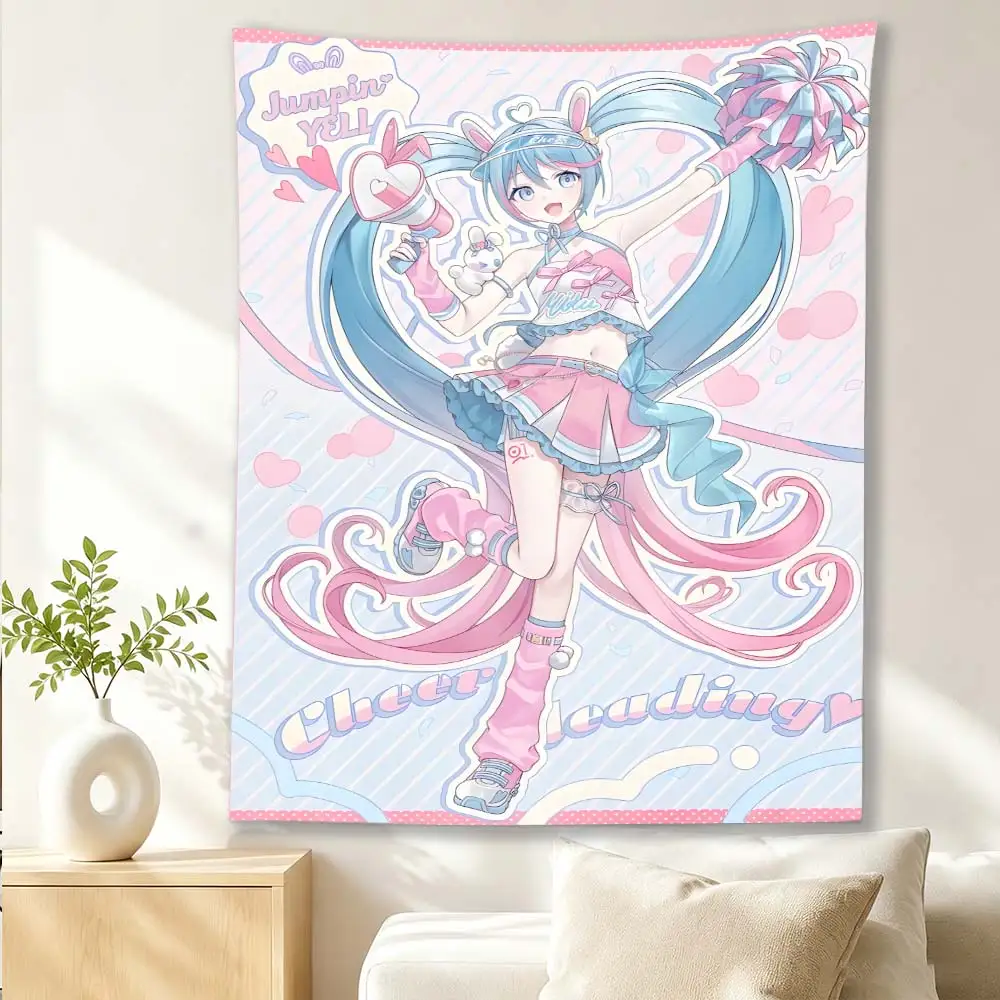 Kawaii Anime Cheerleader Girl Tapestry Pink Blue Pastel Wall Hanging Cute Heart Ribbon Aesthetic Wall Cloth Bedroom Dorm Home