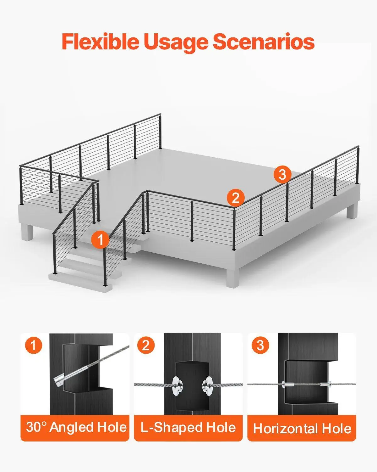 عمود سكة كابل 36 × 1 × 2 بوصة للطوابق مع دعامة تثبيت للطائرات مع لمسة نهائية سوداء من الفولاذ SUS304