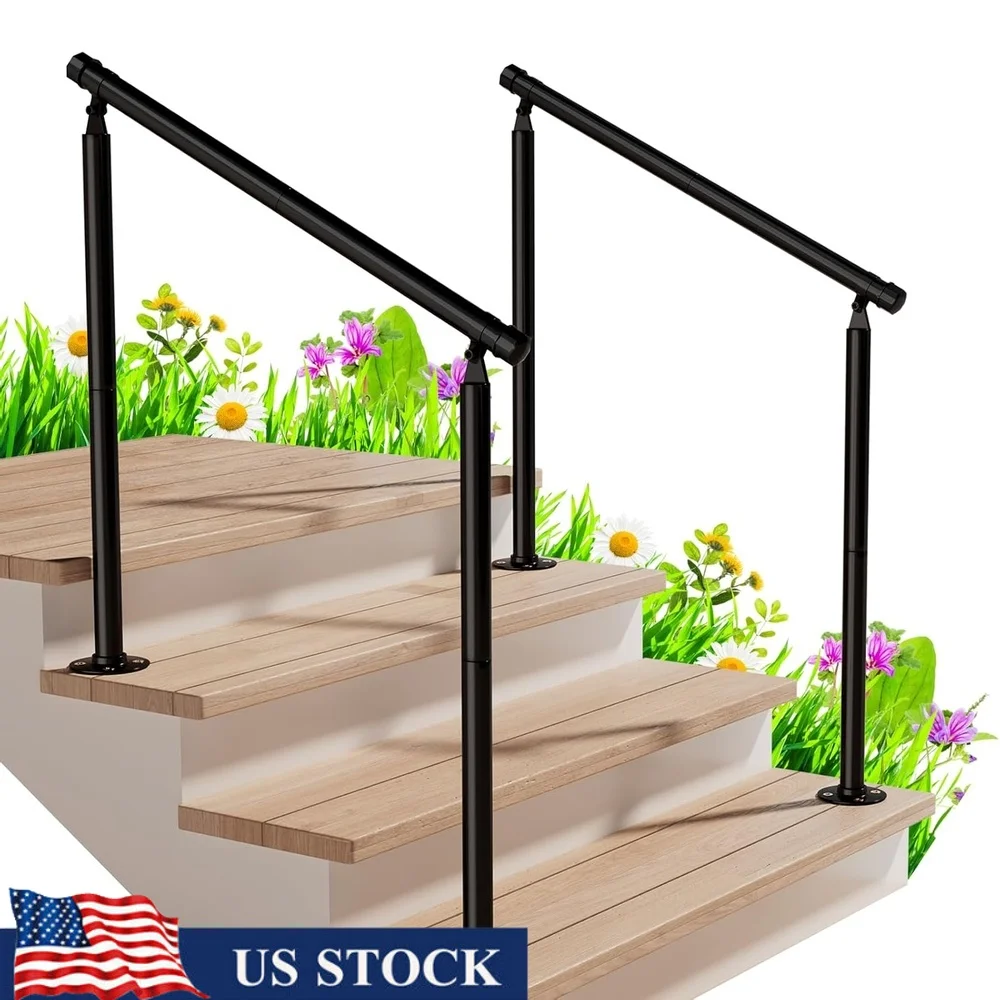 2 Pack Outdoor Handrails 3 Step Wrought Iron Stair Railing Heavy Duty Easy Install Stability Safety Support Steps