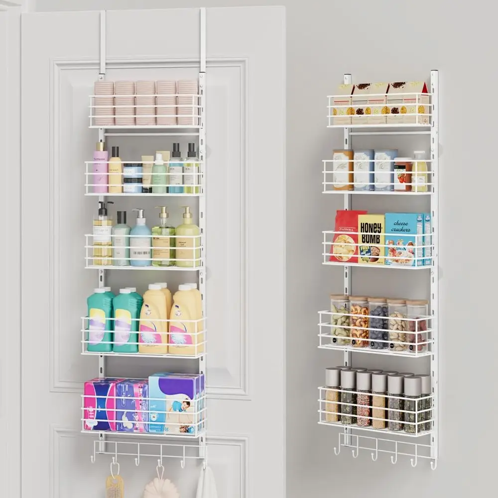 

Over The Door Organizer - Hanging with 5 Adjustable Metal Baskets and 6 Coat Hooks, Wall Mounted Shelf for Bedroom Closet Bathro