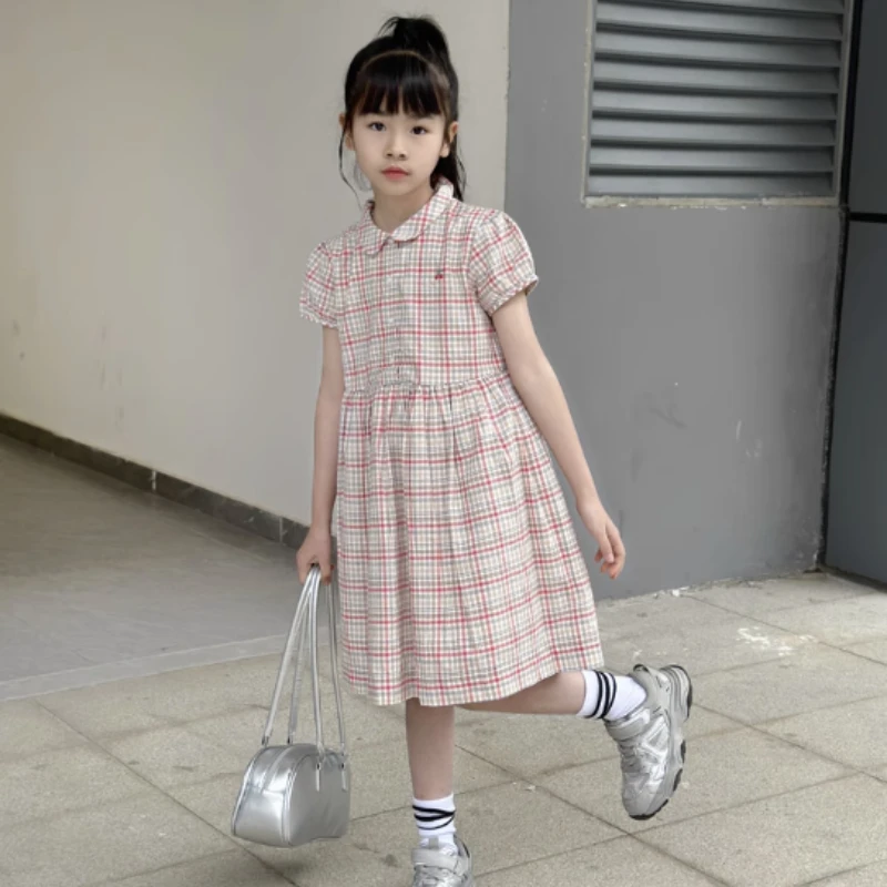 Girls Checkered Floral Cotton Dress Kids Summer Pure Dresses 2025 New Flower Dresses Toddler Girls Outfit Costumes Clothes