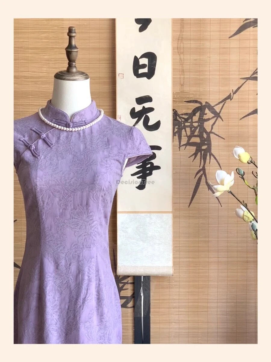 

2026 New Chinese retro traditional style purple cheongsam short sleeve stand collar V-neck dress retro long slimming daily qipao