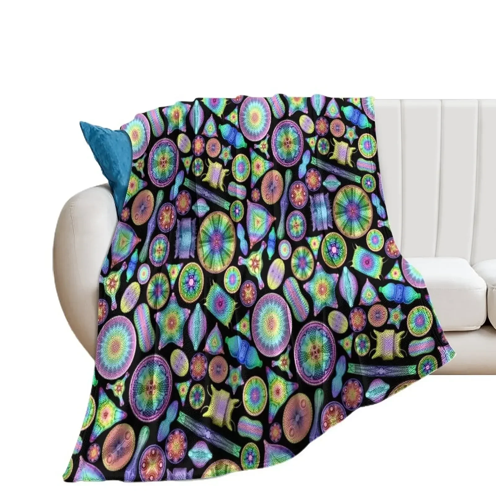 

Ernst Haeckel Rainbow Diatoms on Black Throw Blanket Plush Soft Plaid Summer Beddings Sofa Quilt Blankets