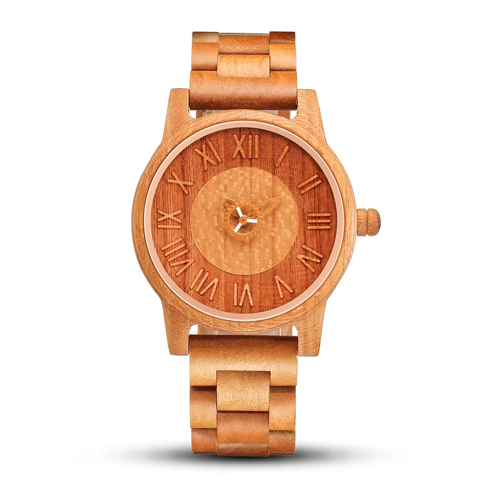 Vintage Round Pointer Mens Wristwatch Red Cherry Solid Wood Quartz Accessory Daily Wear Wooden Watch