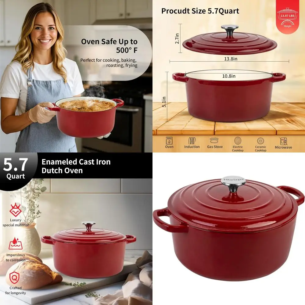 

5.7 Quart Enamel Dutch Oven with Lid, Oven-Safe for Bread Baking, Braising, Roasting, and Stews, Red