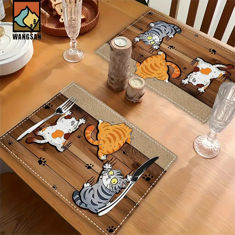 Cartoon Playful Cat Wooden Texture Heat Resistant Washable Table Placemats Kitchen Dining Decor 4 Piece Set