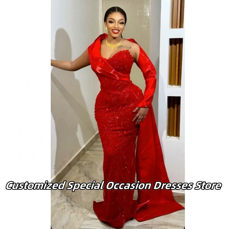

Charming Red Sequin Evening Dresses Luxury Prom Dress For Nigerian Girls Long Mermaid Wedding Party Dress Dinner Gown Customized