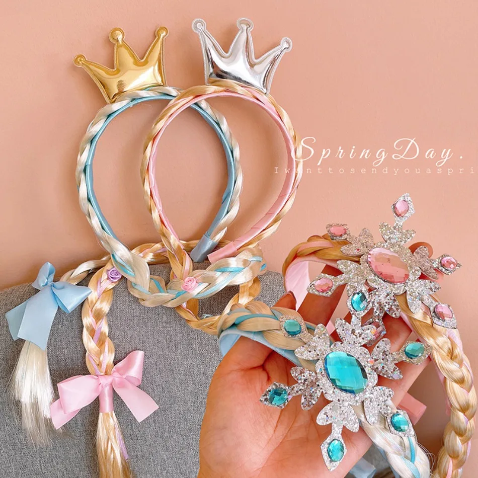

Girls Princess Dress Up Headband Weaving Braid Tangled Snowflake Crown Headband Hair Accesorries Girl Princess Bow Hair Ornament