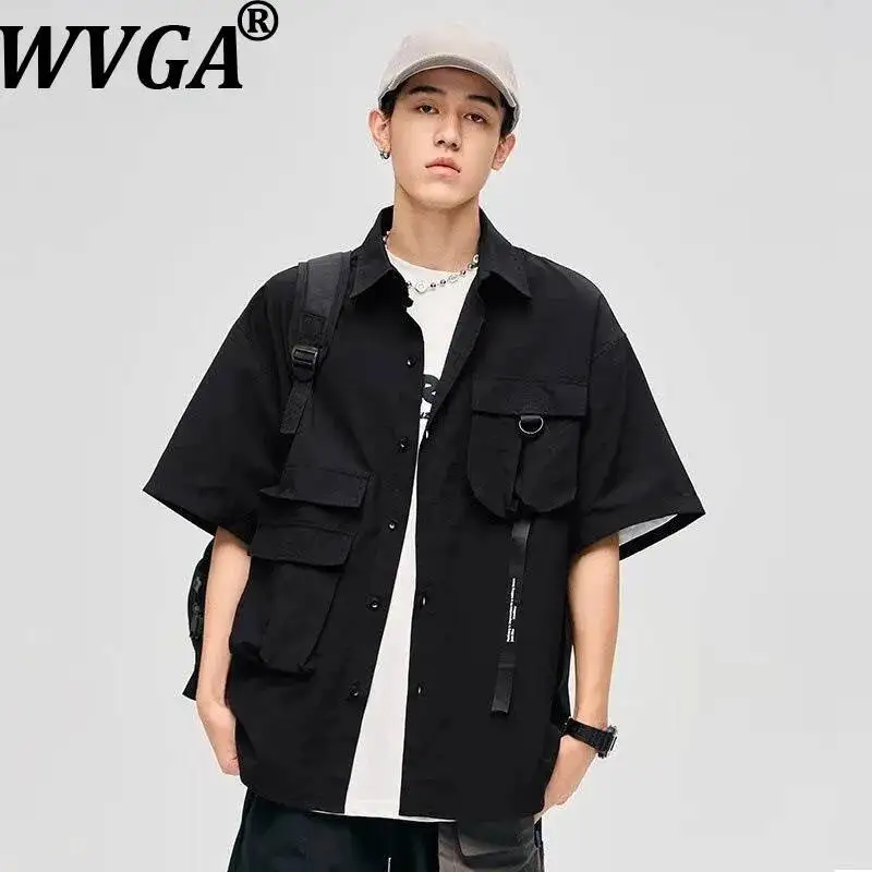 

Мужские летние рубашки WVGA New Tide свободного кроя с коротким рукавом, карманами, модным отложным воротником, нишевые, шикарные, повседневные топы Ins W23676