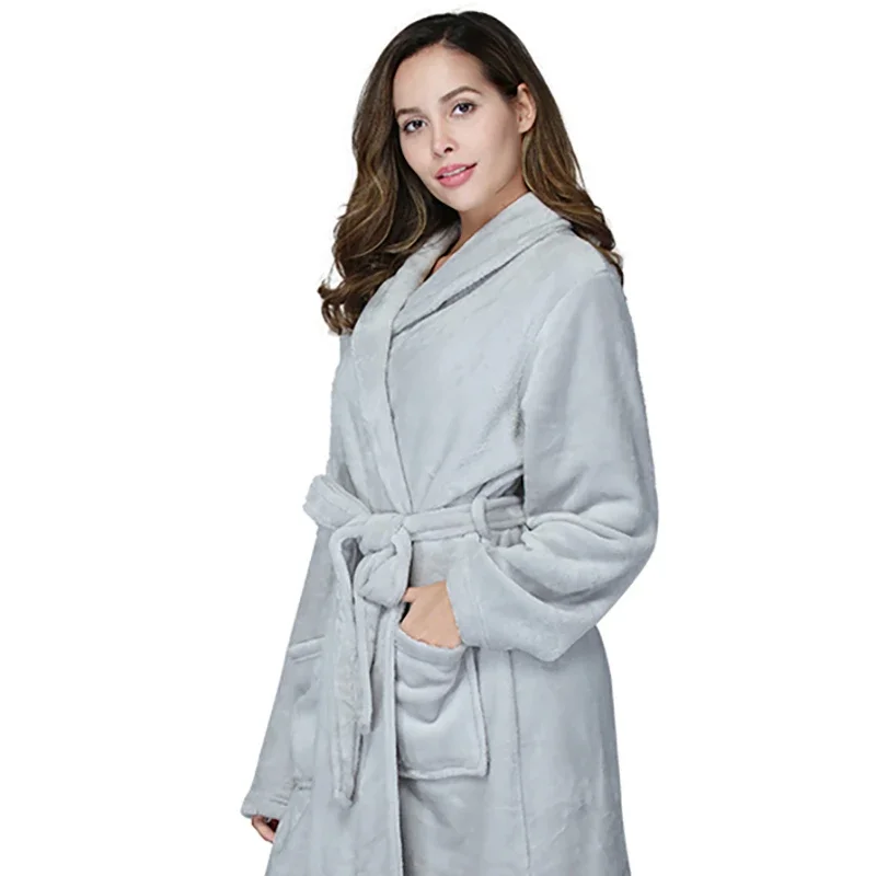 Women's Flannel Solid Color Lapel Bathrobe Autumn and Winter Models Warm and Comfortable Long-sleeved Robe Couple Homewear image 6