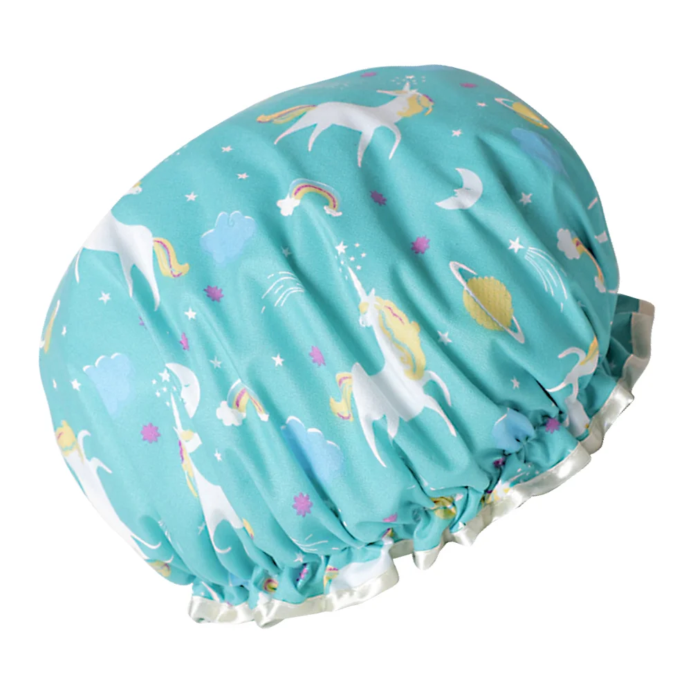 Cappello da bagno a forma di cartone animato Cappello da doccia a doppio strato Doccia impermeabile Cappello da cucina antiolio (unicorno blu) Cuffia da doccia