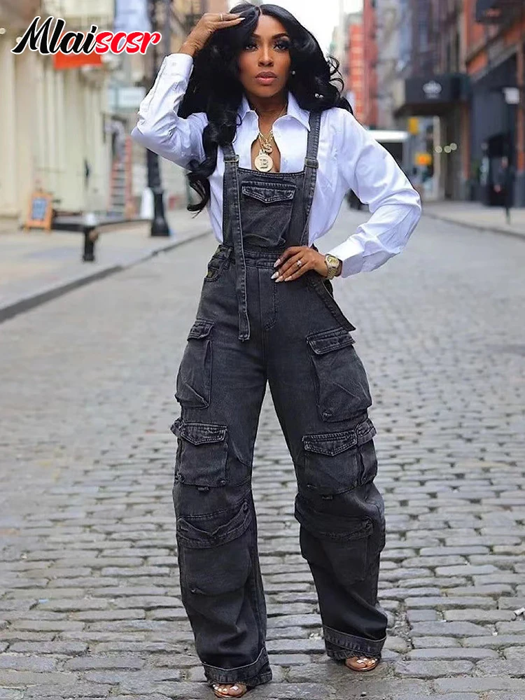 Mlaiscsr Blue Denim Jumpsuits Women Suspenders Straight Long Jeans Pants Loose Sling One Pieces Pockets Streetwear Overalls y2k