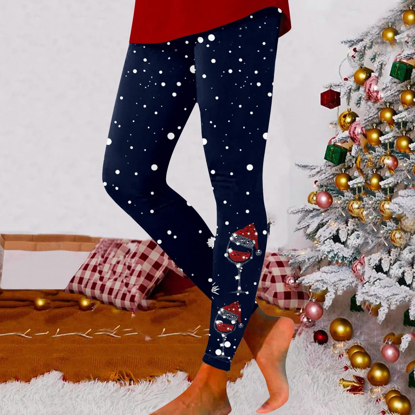 Leggings slim fit para mulheres, leggings estampados de Natal, cintura alta, casual sob a calça, exercício e ioga, feriado