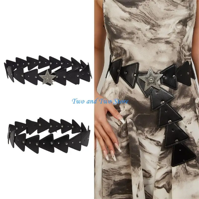 

HX6F Subcultures Five Pointed Star PU Belt for Women Waist Belt 2000s HollowOut Disc Belt for Teens Girl Western Wide PU Belt