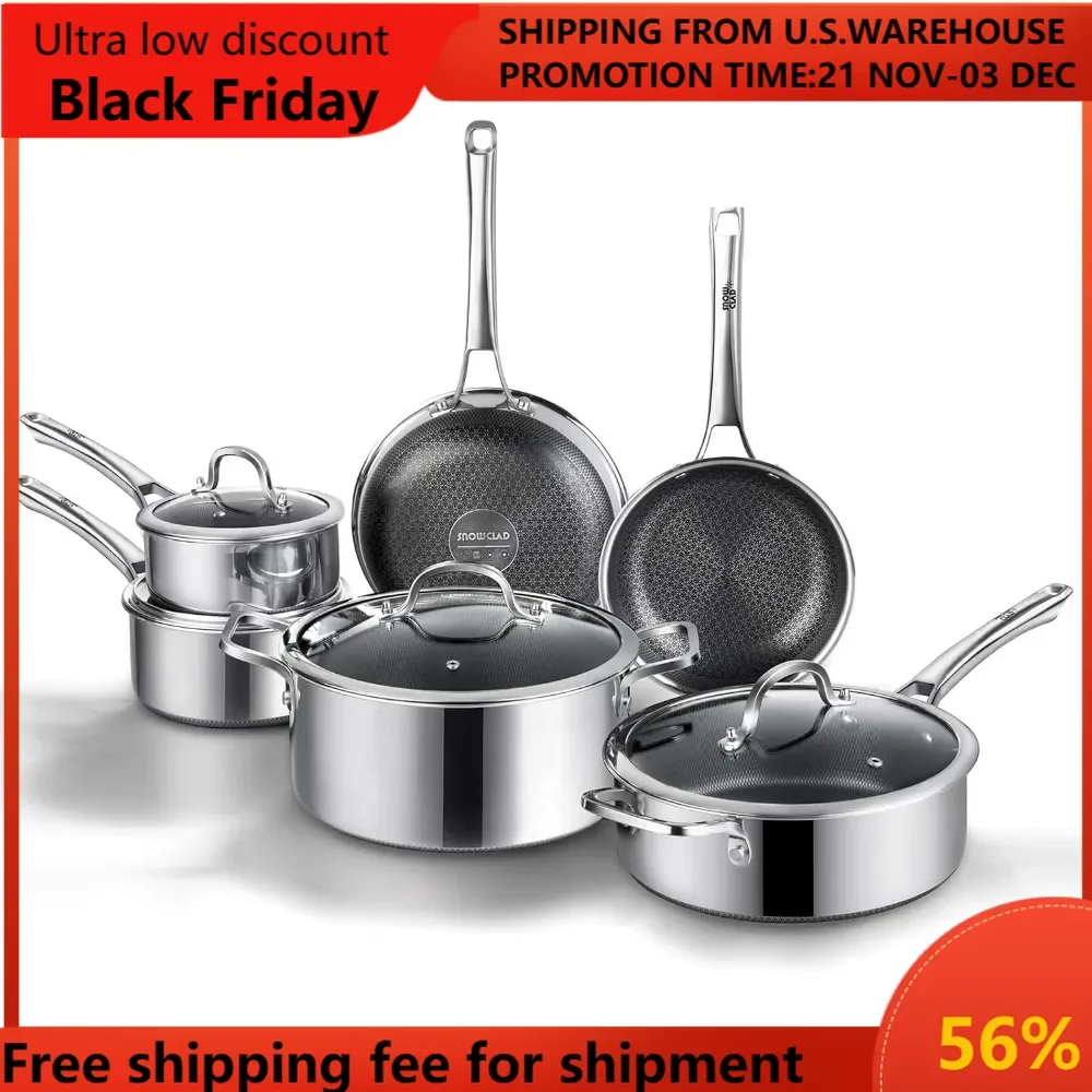 Pots and Pans Set Non Stick, 10 Pcs Hybrid Stainless Steel Cookware Sets, Non Stick Frying Pans, Saucepans, Saute Pan & Stock Po