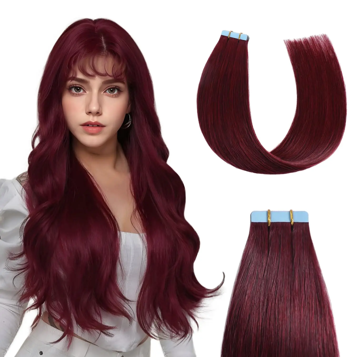 Extensions de Cheveux Humains Double Face en Vrais Cheveux Humains, Trame en Peau PU, Vin Rouge, 99j #