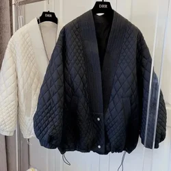 Casaco feminino acolchoado de algodão xadrez, manga longa, gola em v, parka chique para baixo, jaqueta casual feminina, simples e elegante, estilo coreano, outono e inverno