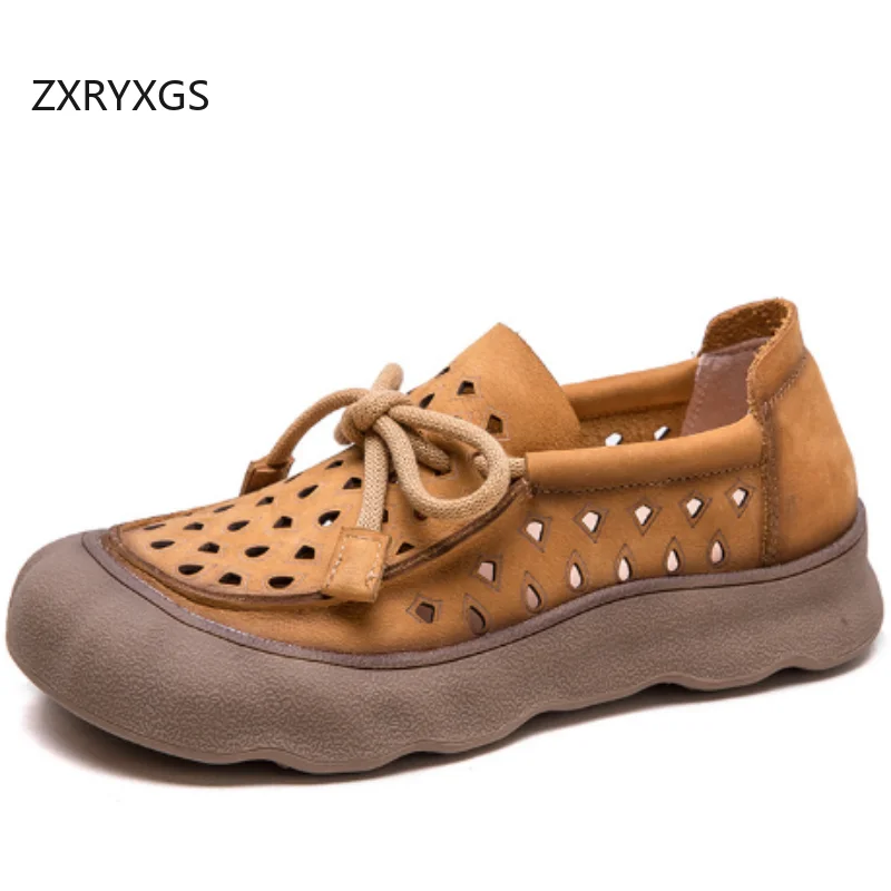 

ZXRYXGS Top Cowhide Hollow Loafers Women's Sandals Fashion Casual Shoes Flat Thick Sole Breathable Comfortable Trendy Shoes 2025