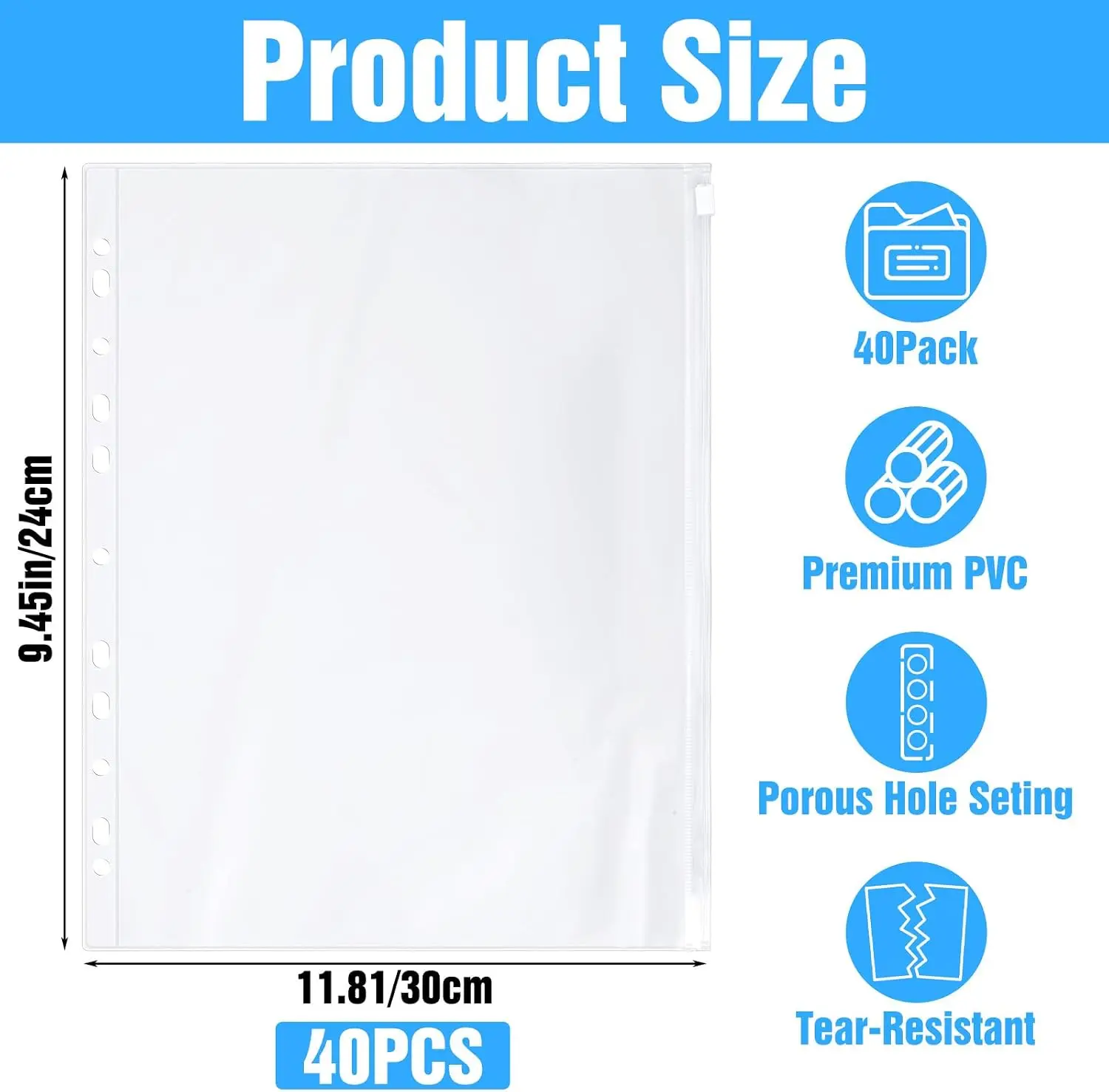 40 Pcs 3‑Ring Binder Pockets, 8.5x11 Thickened PVC Zipper Pouches, A4 Letter‑Size Document Insert Sleeves Paper Sheet Protectors