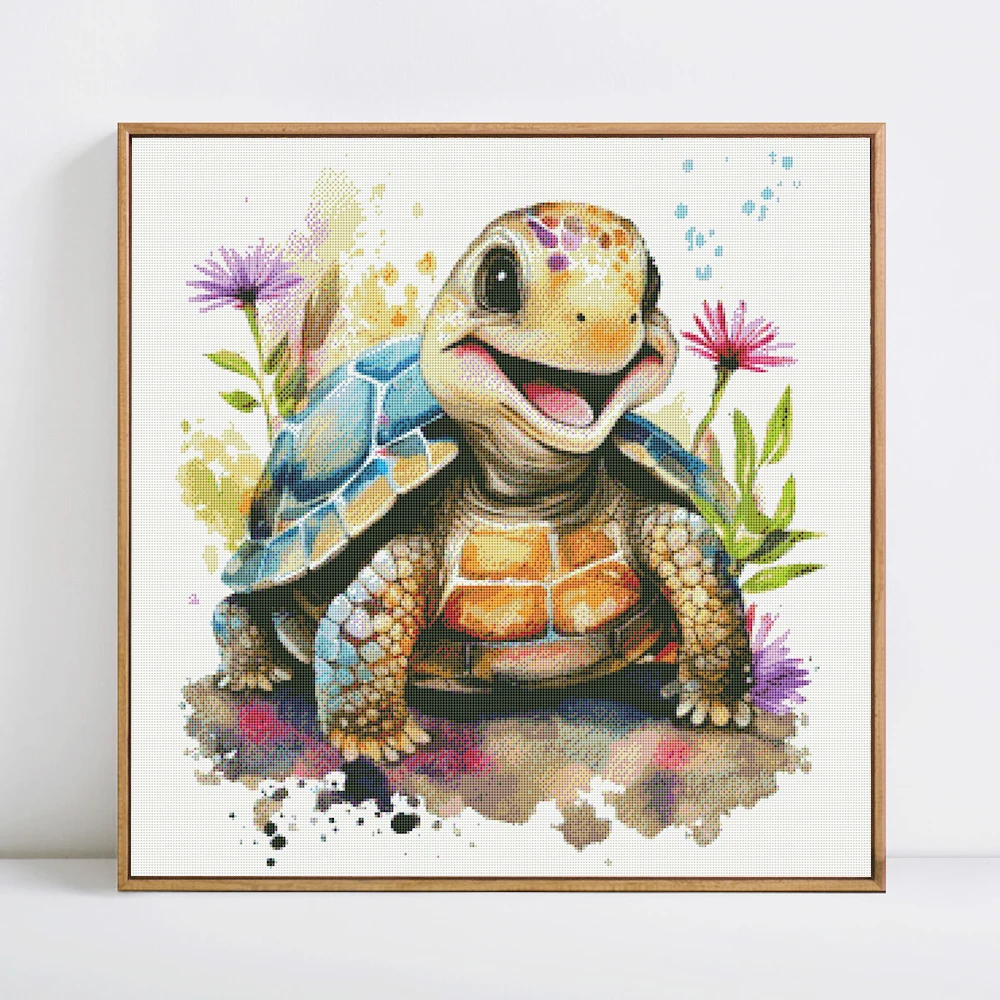 HUACAN Cross Stitch Animal Sea Turtle Printed Canvas Embroidery Kits Flower Cotton Thread Needlework DIY Gift Home Decoration