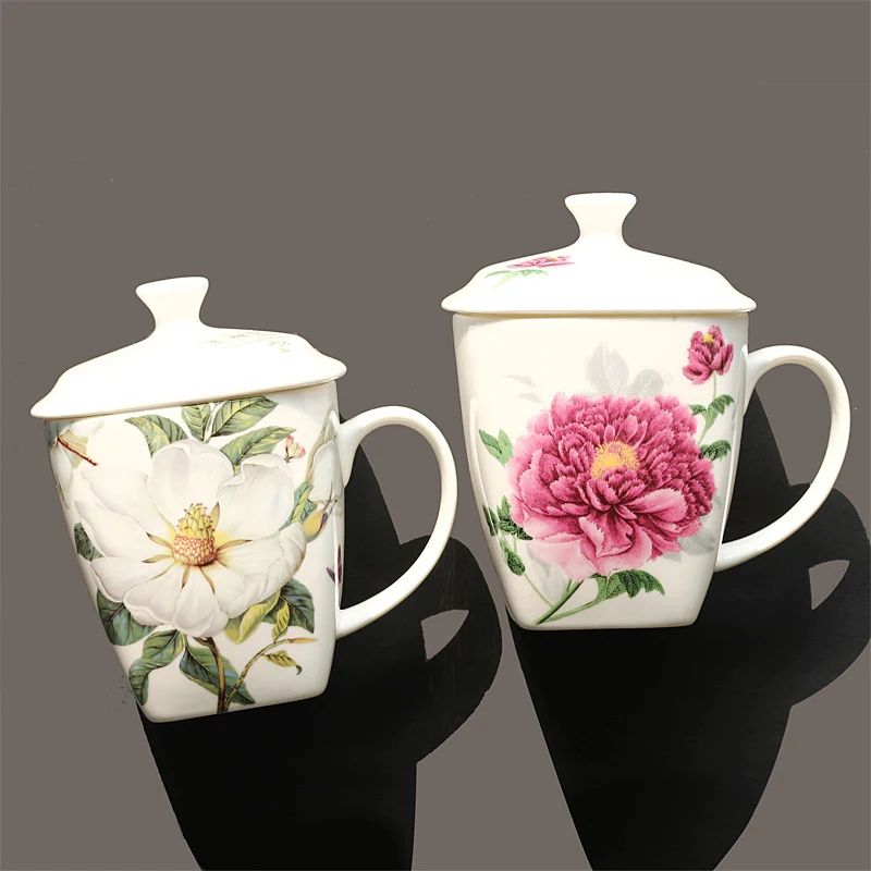 530ML, Bone China Coffee Cup with Lid, Tazas Para Cafe Mug, Ceramic Original Mug for Party, Enamel Tumbler, Porcelain Drinkware