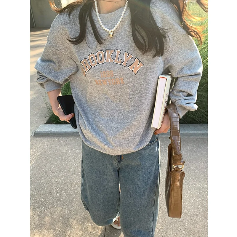 

PiJiUu Women's round Ne Sweatirt Loose Long Sve ey Top Korean Sle Early Autumn Faion Commute Wind Single Piece