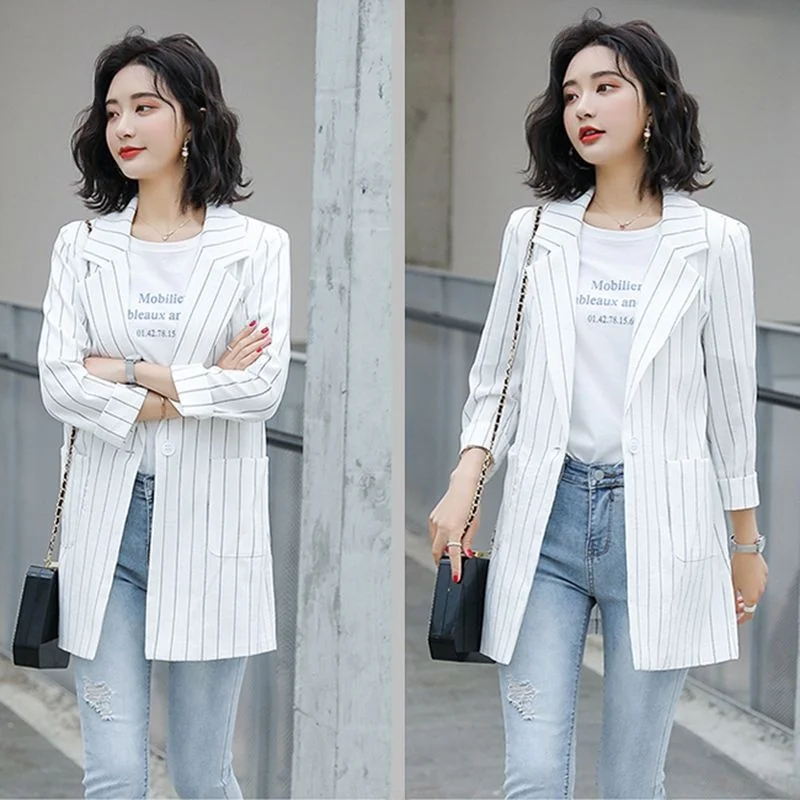 Chic Striped Cotton Linen Casual Mid-Length Seven-Sleeve Women's  Slim Fit Summer 2025 Fashion Trend Outerwear