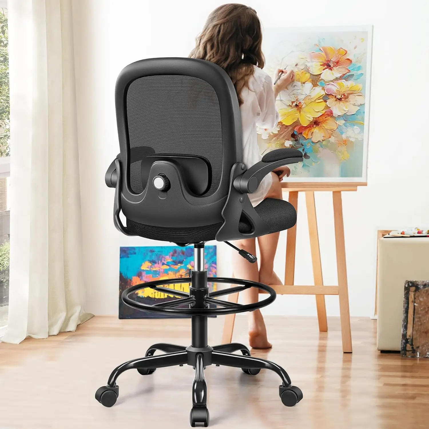 Drafting Chair, Tall Office Chair Ergonomic Standing Desk Chair,With Adjustable Footrest Ring, 3D Lumbar Support, Flip-Up