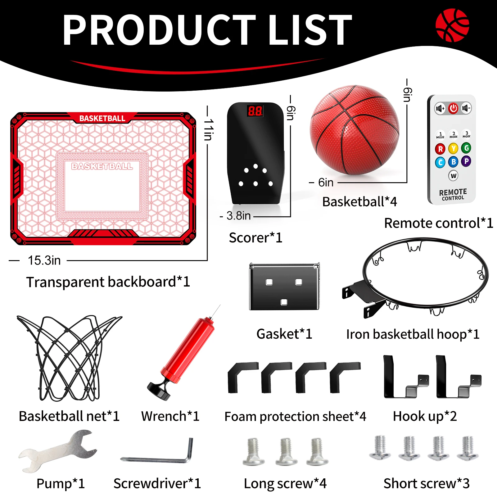 1 stuks jongeren boven de deur basketbalring met LED-verlichting, acryl mini-basketbalsysteem met scorebord en 3 ballen