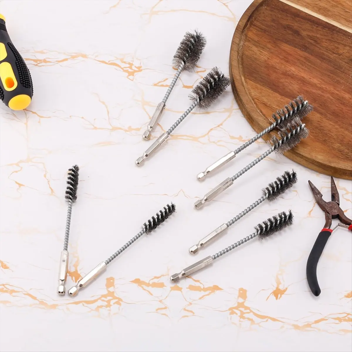 

A58Z 8pcs Bore Brush, Stainless Steel Wire Brush Drill Attachments with 1/4 Inch Hex Shank Twisted Wire Cleaning Tools