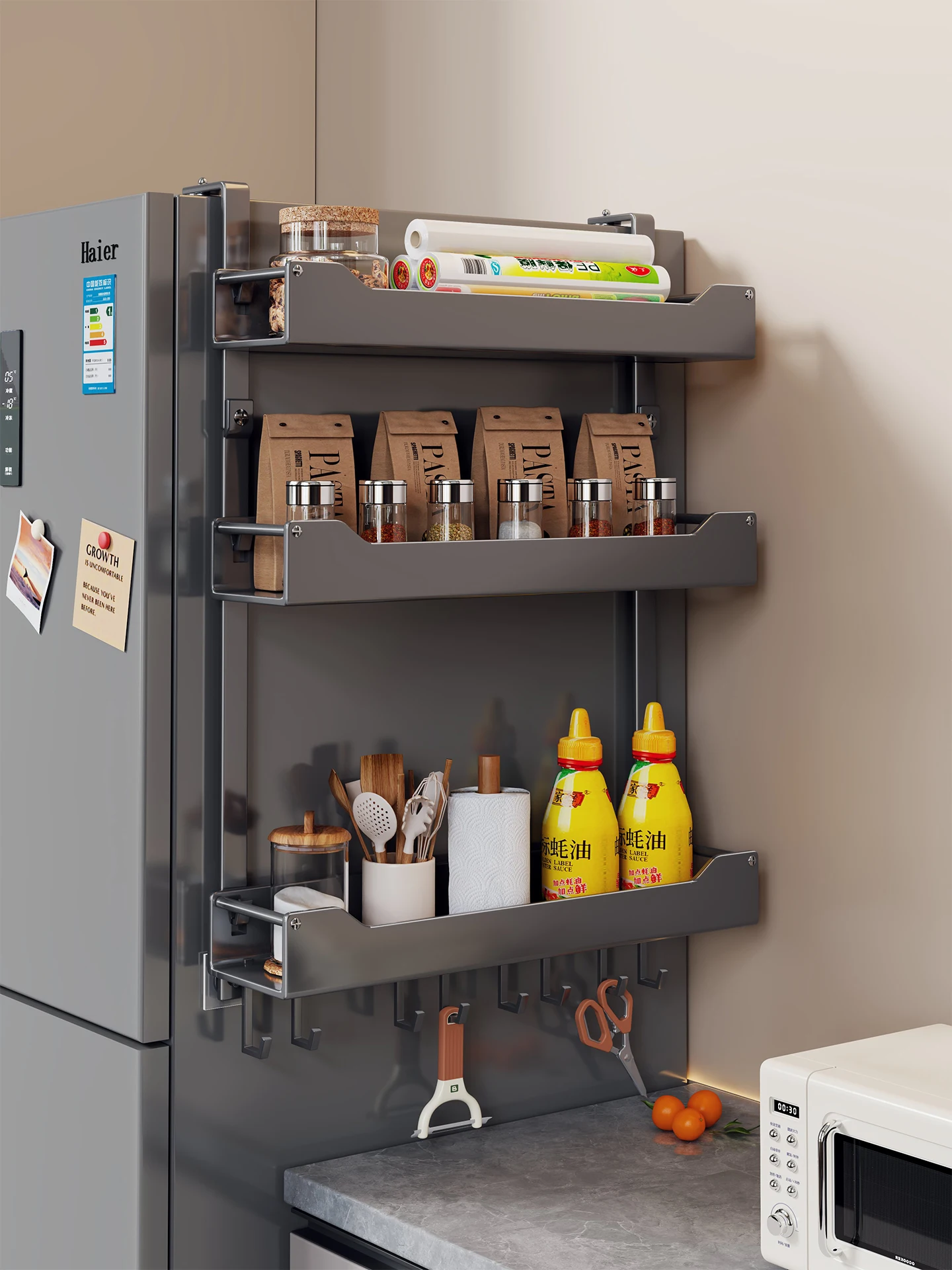 organizzatore-da-parete-per-cucina-scaffale-multilivello-per-conservazione-spezie-pellicola-alimentare-e-sacchetti-per-rifiuti-da-montare-lato-frigorifero