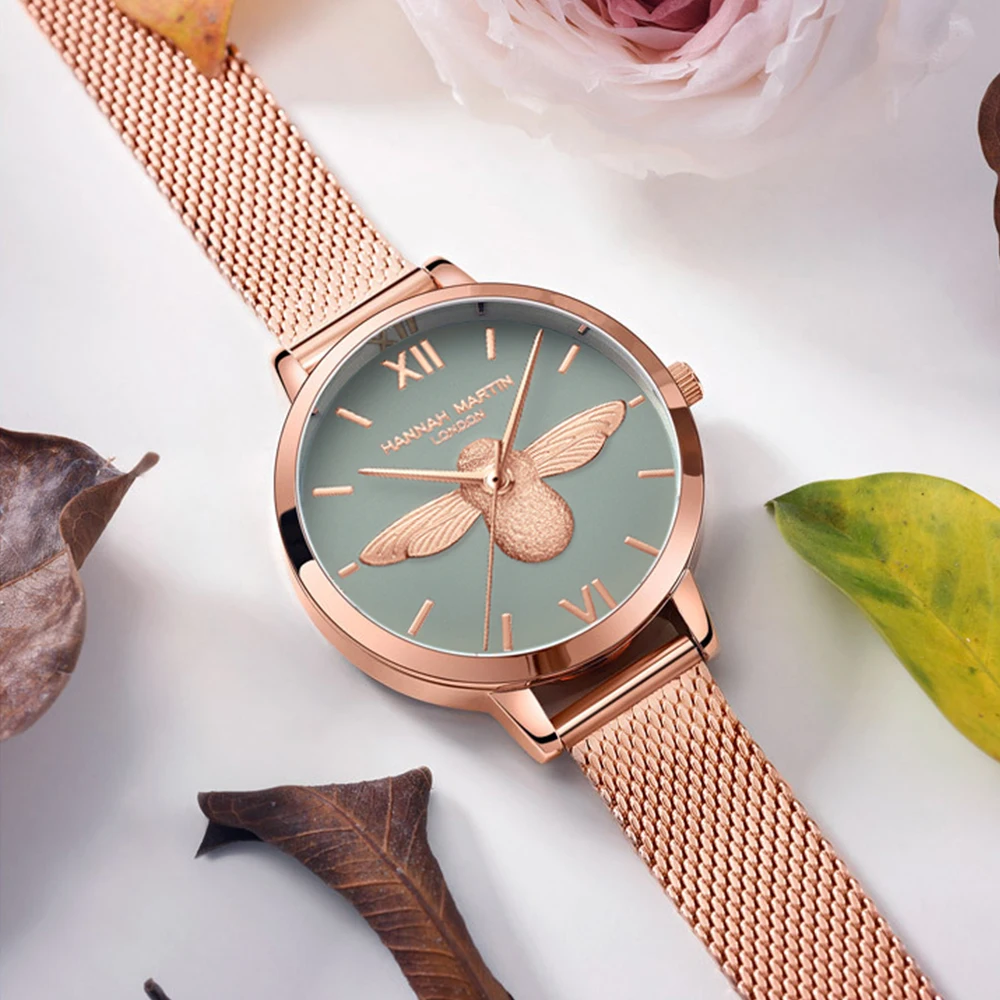 Hannah Martin 2023 New Women Luxury Watch Rose Gold 31mm Classic Casual Girl Dress Watch Bracelet Set 3D Engraved Bee Dial Clock