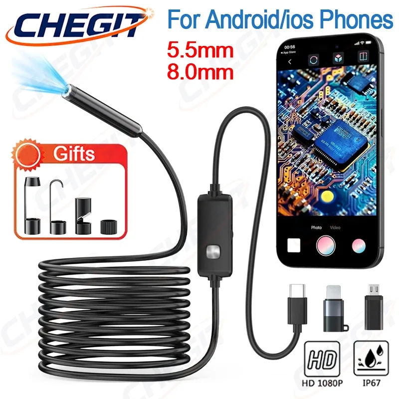 

1080P Endoscope Inspection Camera Borescope with LED Lighting 8 / 5.5mm Waterproof USB & Type-C Endoscope For iPhone & Android