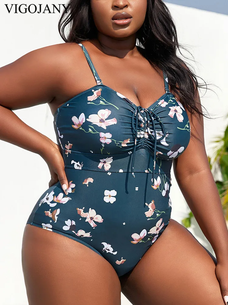 VigoJany 2024 Sexy Print Strapped Plus Size Swimwear Women Push UP Large One Piece Swimsuit Summer Beach Chubby Bathing Suit