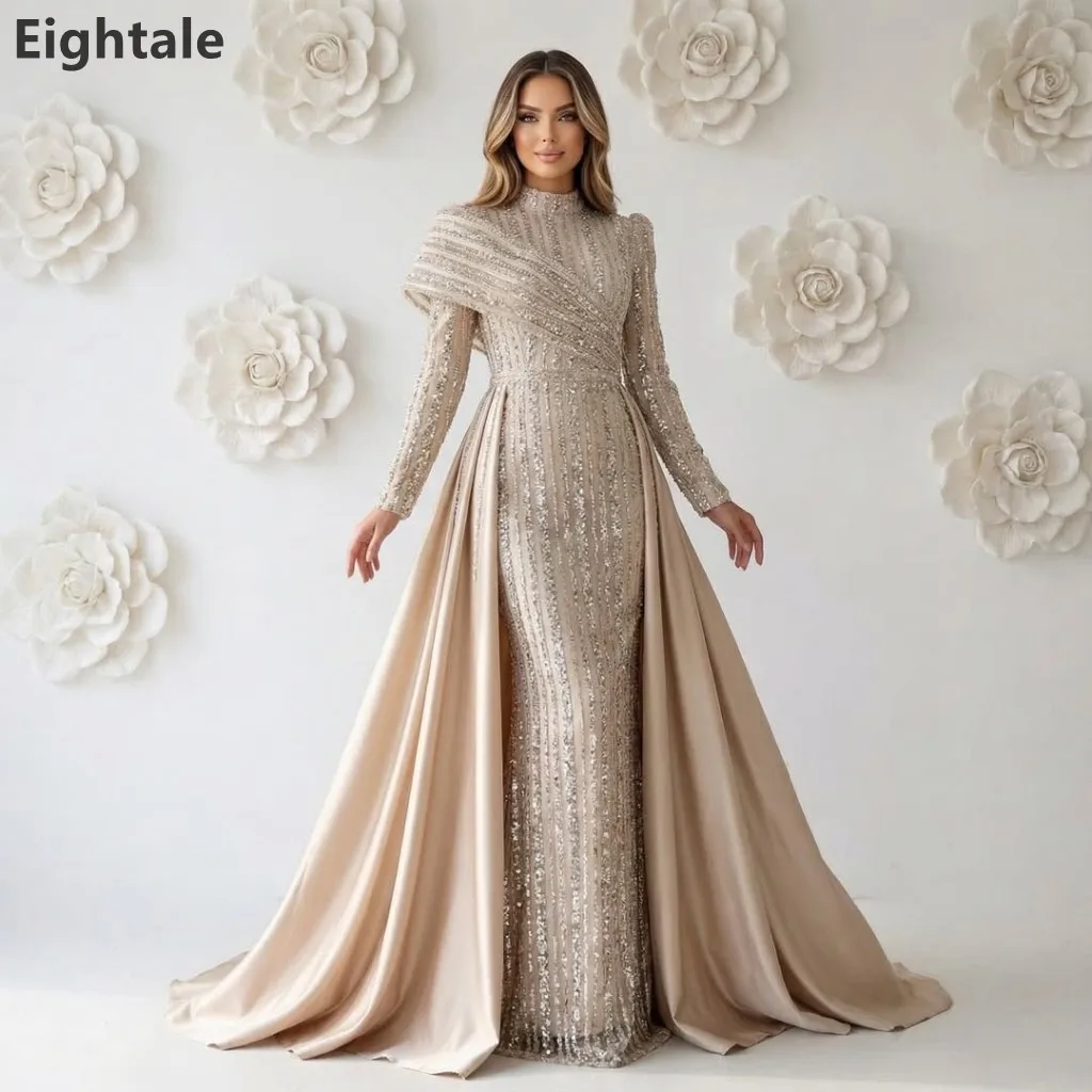 Maßgeschneidertes 2025, langärmliges, hochgeschlossenes Meerjungfrau-Champagner-Abendkleid, Party, luxuriöses, mit Pailletten besetztes formelles Abendkleid, Dubai-Partykleid