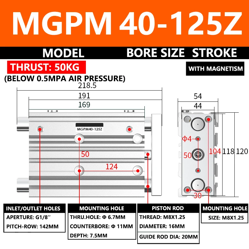 

ABILKEEN MGPM Series Pneumatic Compact Guide Cylinder MGPM40-125Z 40MM Bore X 125MM Stroke Three Axis Three Rod Air Cylinder