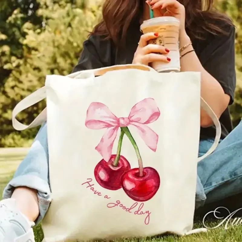 

Canvas Tote Bag with Cherry Bow Design, Have A Good Day Casual Fashion Handbag Durable Canvas Material Womens Bag