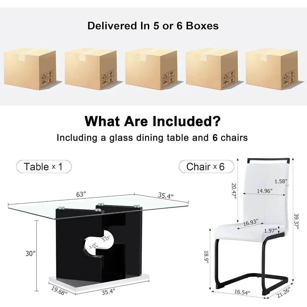 6-Person Glass Dining Table Set with Upholstered Leather Chairs for Elegant Living or Dining Room