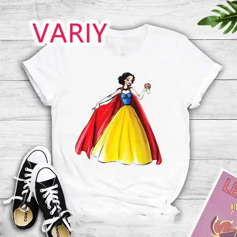 Princess Design Printed Women T-shirts Cartoon Snow White Harajuku Short Sleeves Y2k Tops Female Kawaii Belle Jasmine Clothes