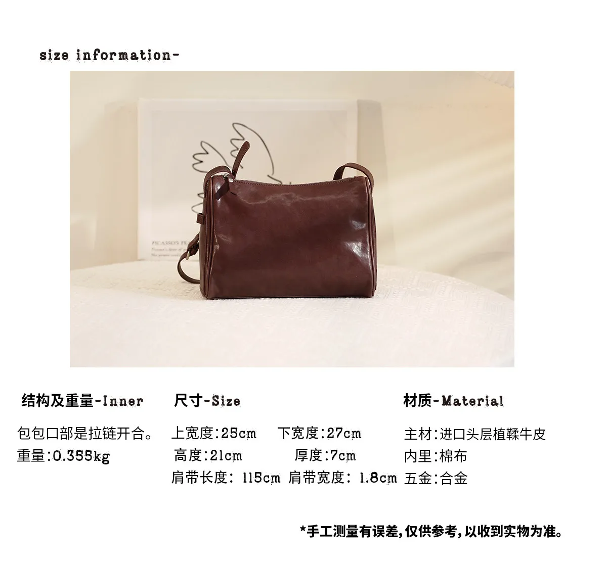Outdoor-Tagesgepäcktasche aus Rindsleder, Damen-Umhängetasche, lässige Vintage-Designer-Handtasche aus echtem Leder, handgefertigt. – Detail 3