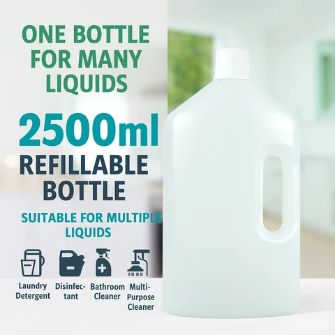 2500ml Eco Friendly HDPE Refillable Empty Bottle, Large Capacity Reusable Storage Jug with Handle for Detergent, Floor Cleaner a