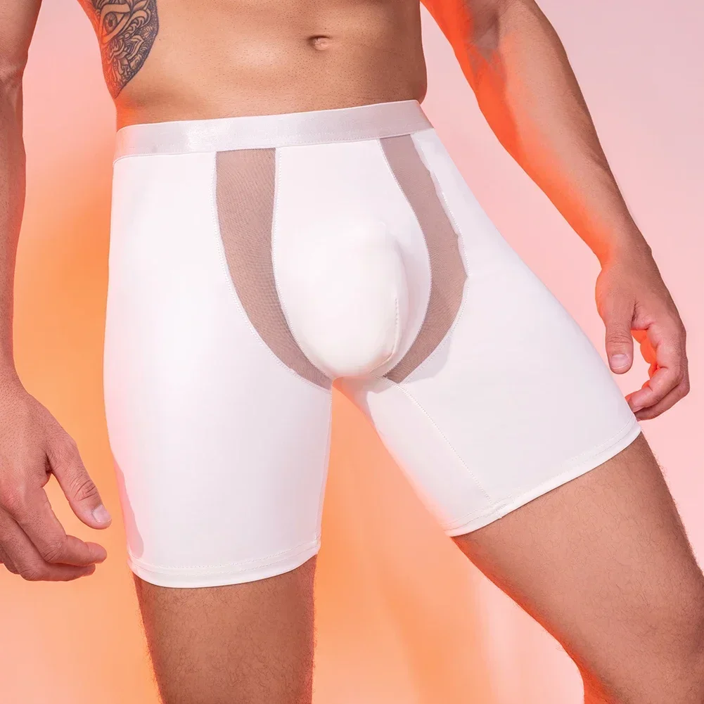 

Men's Sexy Lingerie Hot Breathable Leather Stitching Underwear Thin Tight Boxer Briefs Sissy U Convex Pouch Panties Trunks