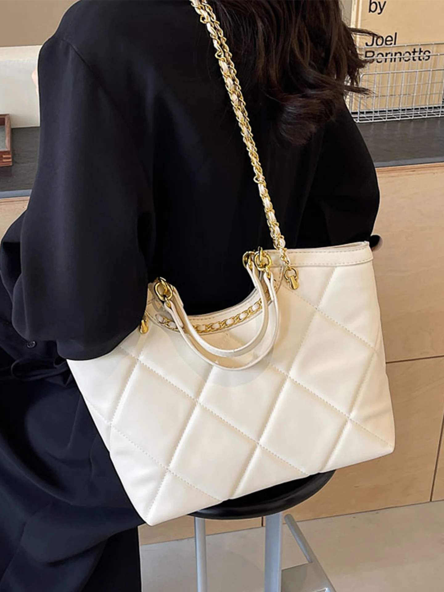 

Diamond Lattice Chain Tote Bag for Women Autumn New PU Leather Large Capacity Commute Handbags Fashion Zipper Crossbody Bag