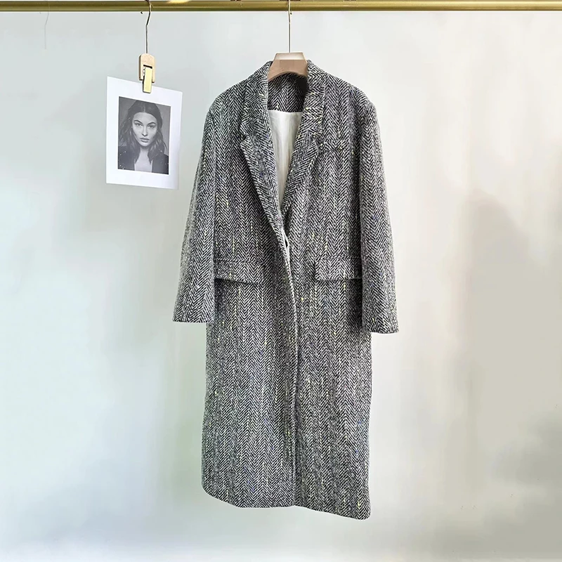 

Classic large silhouette single-breasted wool coat autumn and winter design sense herringbone pattern single wool coat female