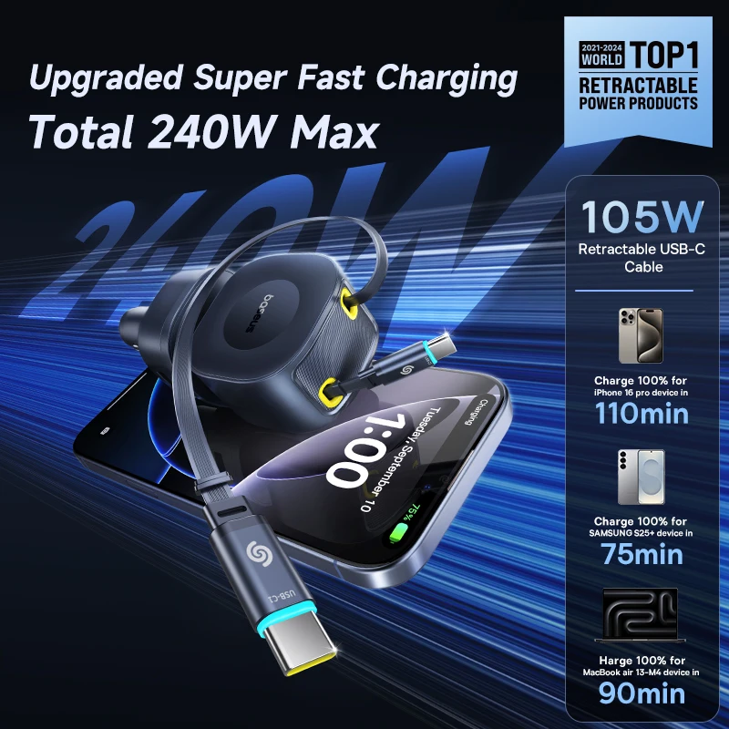 Baseus 240 واط شاحن سيارة 4 منافذ المدمج في كابل قابل للسحب شحن سريع USB نوع-C شاحن هاتف السيارة لسامسونج آيفون Xiaomi