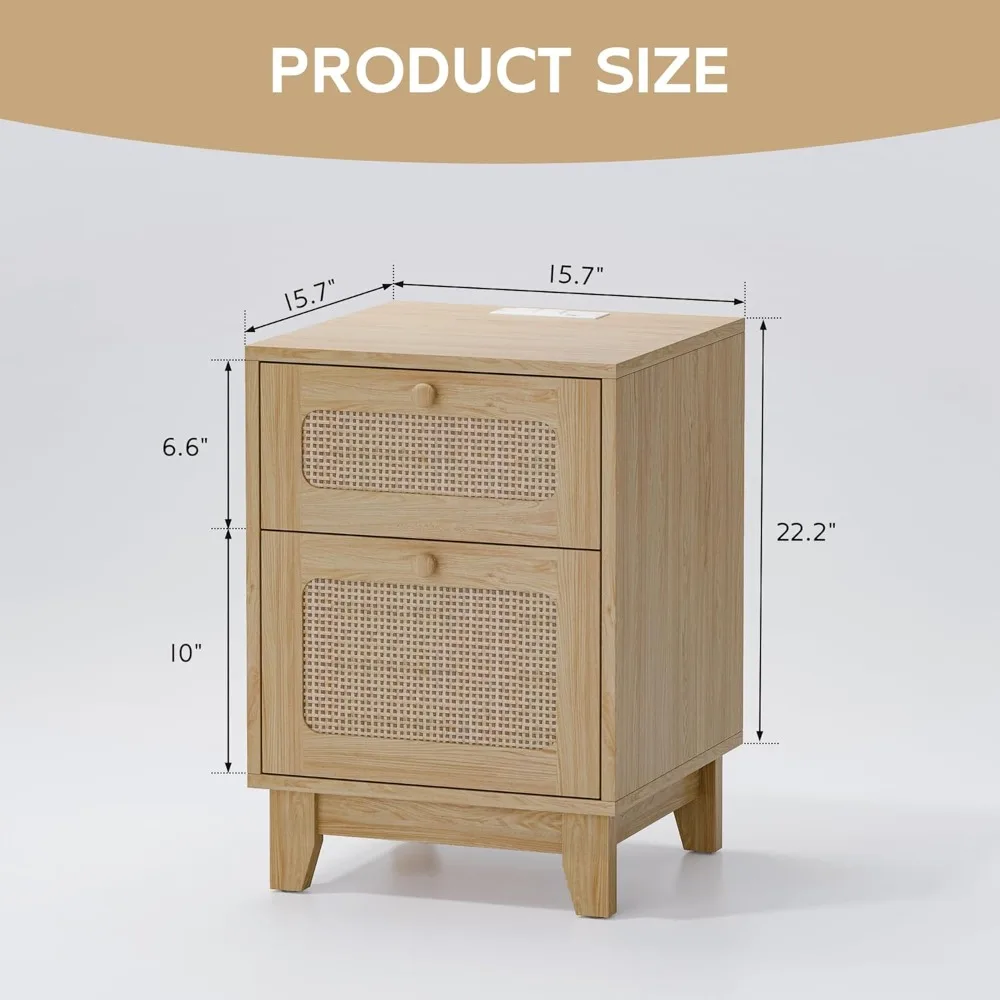 Modern Rattan Nightstand Set of 2, Wicker Rattan Stand, Wooden Bedside Table for Small Spaces, Natural Wood Side Table