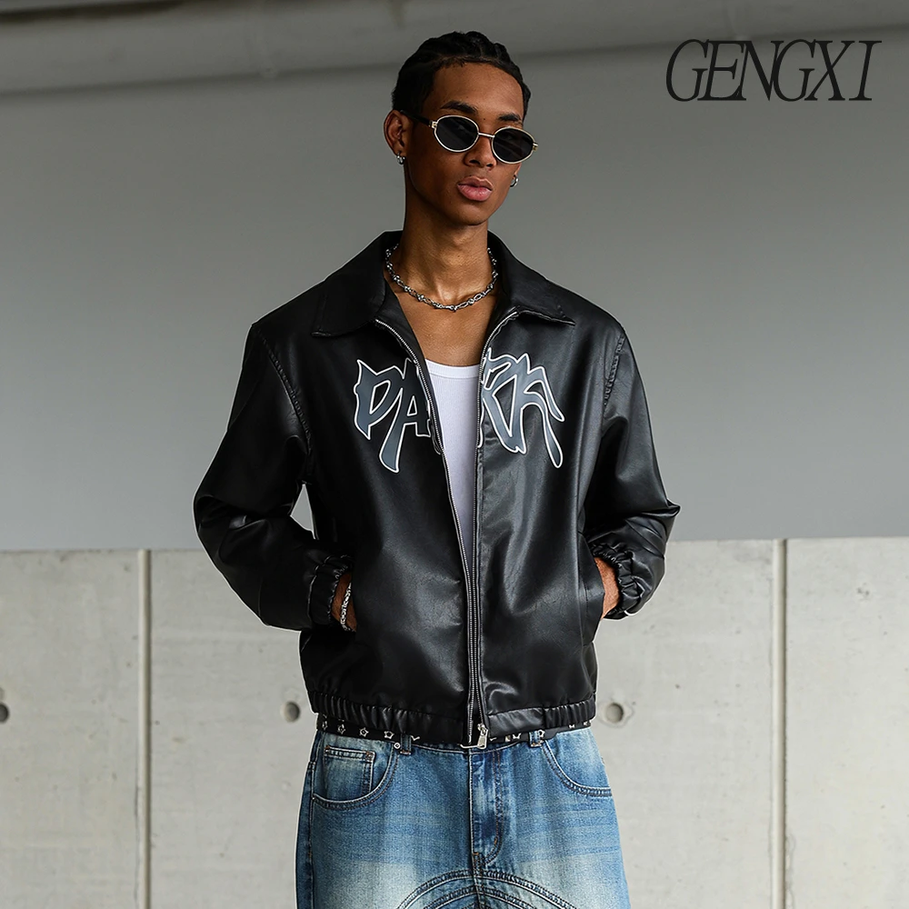 

High Street Men's Faux Leather Jacket Autumn/Winter New Arrival Windproof & Warm Letter Print Lapel Collar Outerwear Street Styl